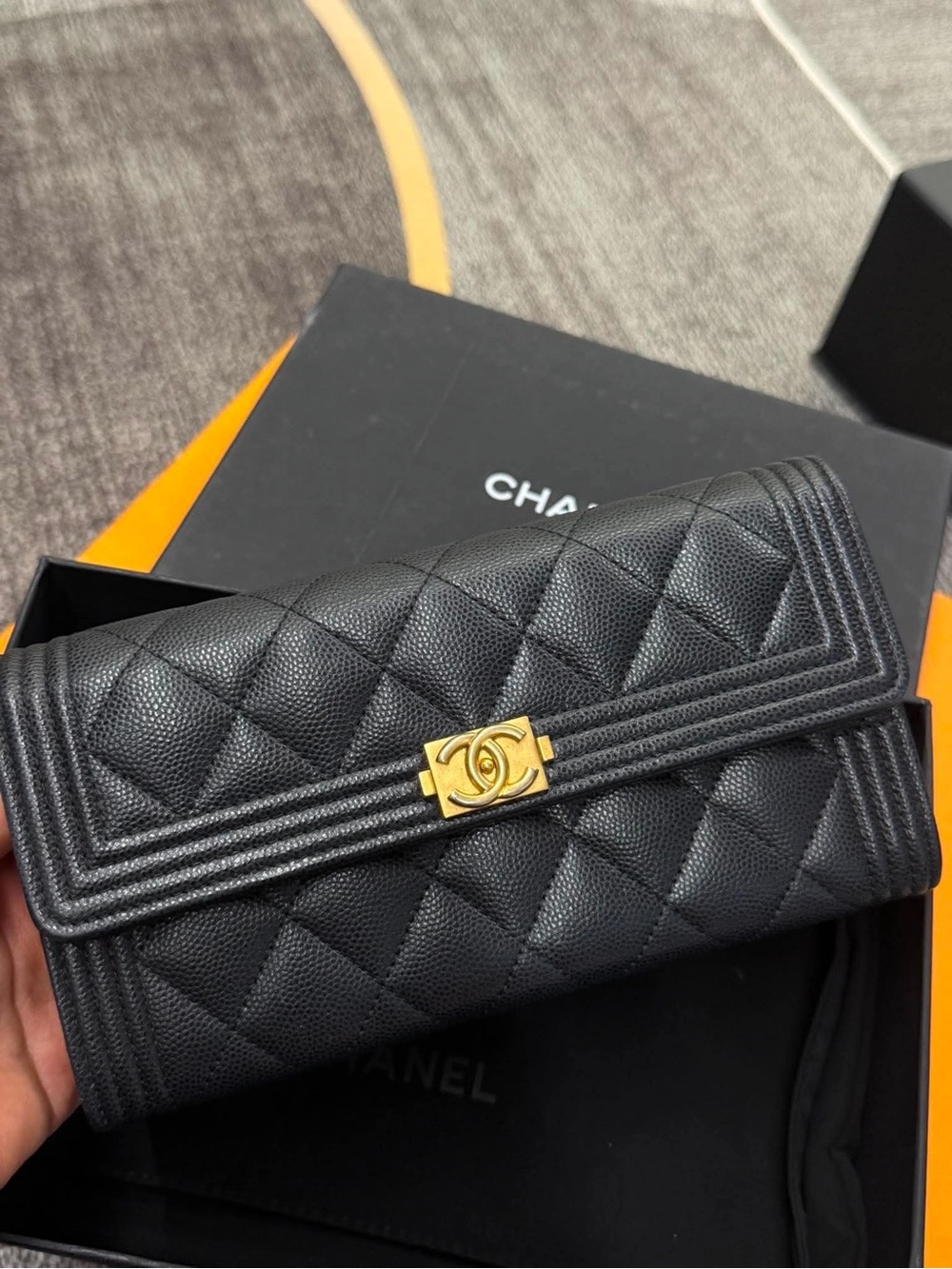 CHANEL Black Quilted Leather Long Wallet with Gold CC Hardware